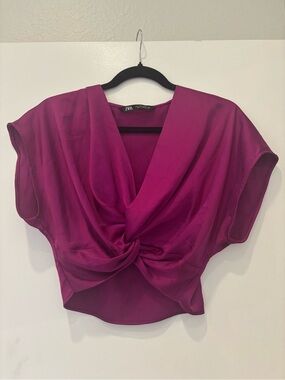 Zara Fuchsia Knot Crop Satin Twist-Front Short Sleeve Blouse Glam Shiny Party